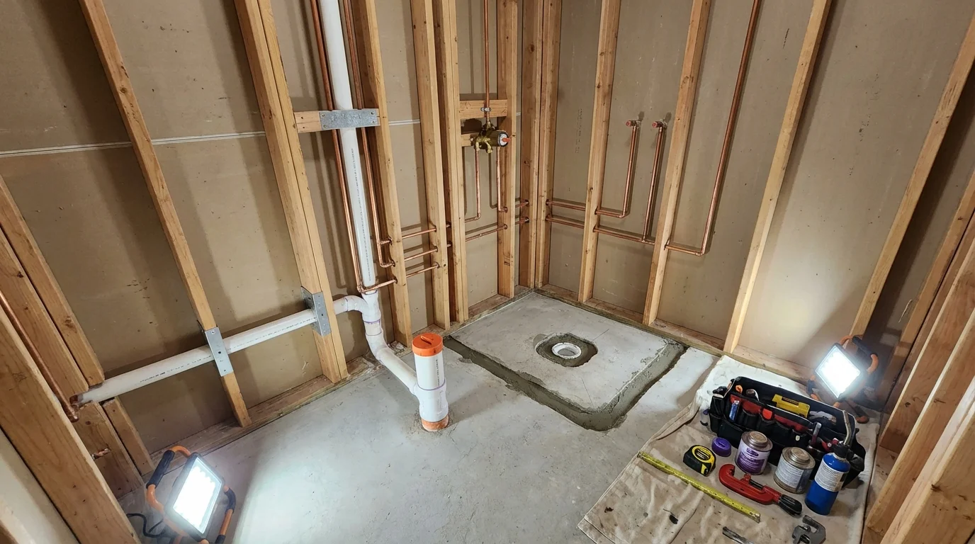 Bathroom rough-in plumbing during remodel by Johns Plumbing LLC in Glen Oaks