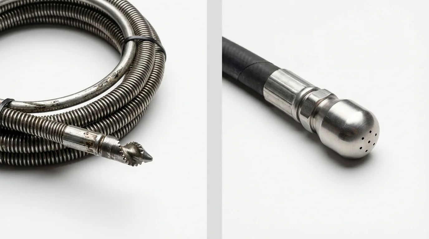 Drain snake cable and hydro jetting nozzle used for drain cleaning in Glen Oaks, NY