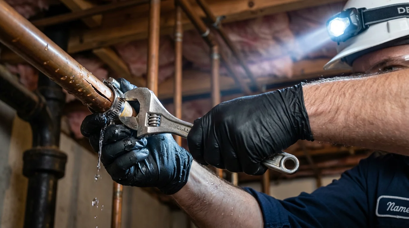Emergency pipe clamp repair being performed by a Johns Plumbing LLC plumber in Glen Oaks