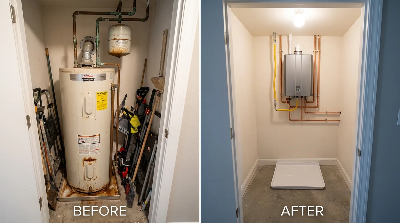 Tank water heater versus wall-mounted tankless unit comparison for Glen Oaks, NY homeowners