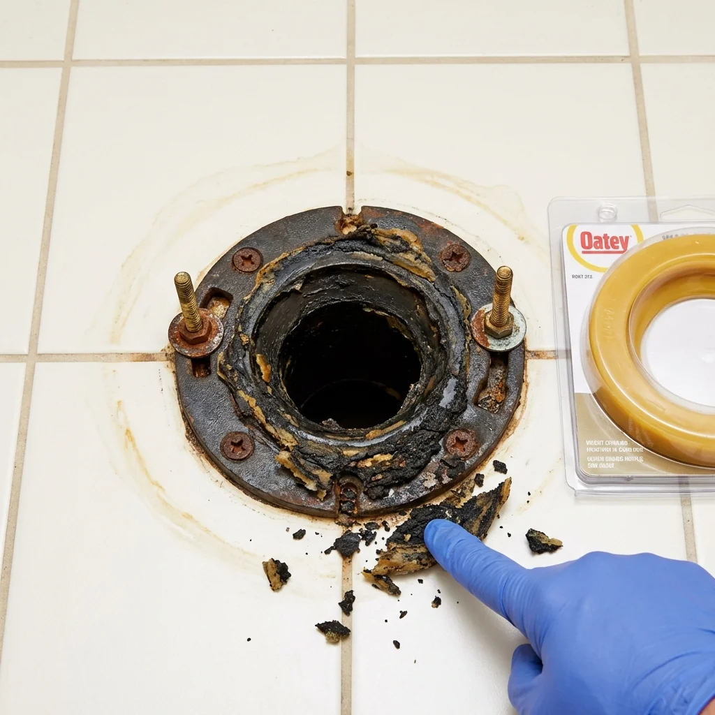 Failed wax ring showing water seepage at the base of a toilet in a Glen Oaks, NY home